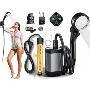 2026 Upgraded Portable Camping Shower with Heater,2000W Camping Water Heater with Shower Head 3 Spray Modes,6000mAh Rechargeable Camping Shower Pump with LED Display,Outdoor Heated Camp Shower for Car