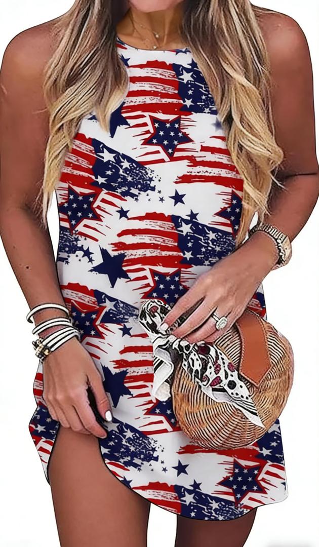 Women's USA Patriotic Halter Neck Sleeveless T Shirt Dress, Casual Summer Sundress for Independence Day 4th of July (White, L)