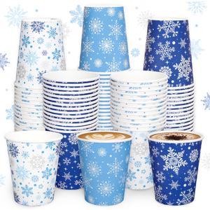 Whaline 150Pcs Christmas Paper Cups 9 oz Xmas Blue Snowflake Disposable Coffee Cups Winter Holiday Party Cups for Hot Cold Beverage Party Supplies