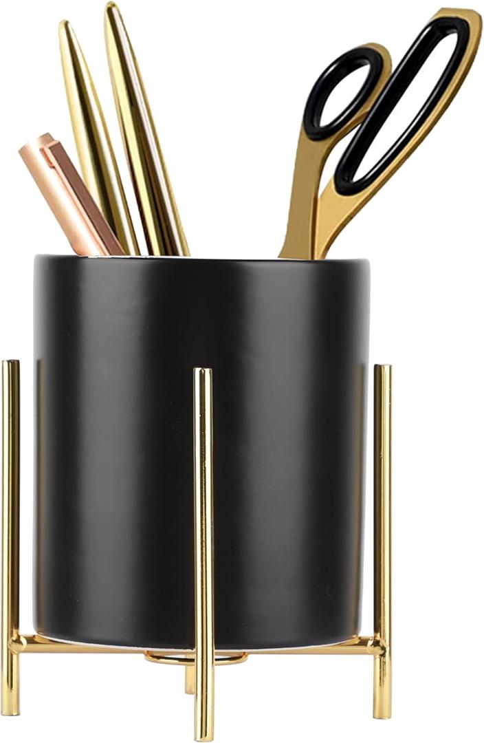 SIEBOLD Sturdy Pen Holder Simple and elegant for Desk Matte Pencil Holder Ceramic Cute Desktop Organizer Brush Holder Cup (Black and Gold Plated) (H 4.7'')