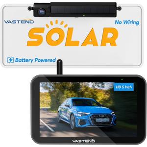 Solar Wireless Backup Camera with 5" Monitor VASTEND Battery Powered RV Camera System 3 Mins DIY Installation Rear View Camera HD 1080P Reverse Camera for Car Van SUV (VS-5A)