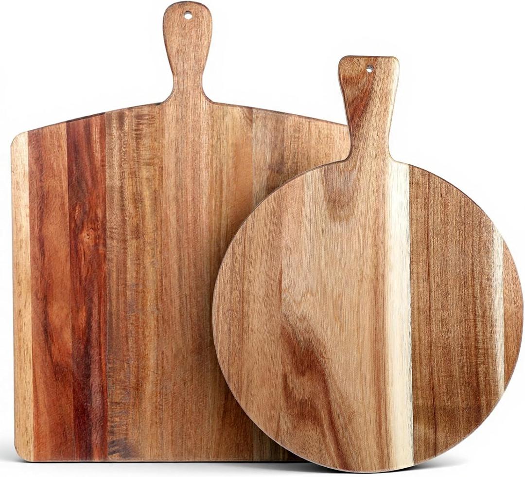 2 Pcs Acacia Wood Cutting Board with Handles Charcuterie Boards for Kitchen Round & Rectangular Wooden Cutting Board Set for Cheese Meat Fruit Pizza Bread, 16x12 Inch, 17x13 Inch
