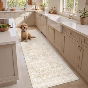 Soalmost Washable 2.5'x8' Runner Rugs for Hallway, Kitchen Runner Rugs with Rubber Backing Vintage Non-Slip Soft 2'6"x8' Carpet Runner for Entryway Laundry Bedroom Farmhouse Beige