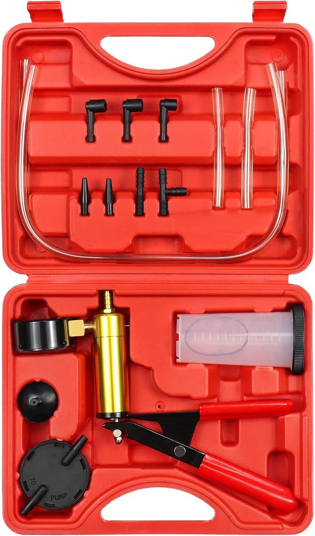 JoyFans 2 in 1 Hand Vacuum Pump Brake Bleeder Kit, One-Man Brake Clutch Fluid Power Steering Fluid Bleeding System Tester Tool for Automotive Motorcycle Car & Kitchen Food Canning Use (Red)