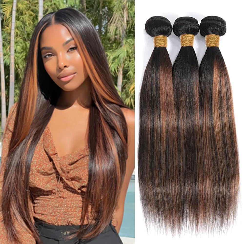 BilltiiWW Highlight Bundles P1B30 Straight Bundles Two Tone Black Mixed With #30 Light Brown Brazilian Weave Soft and Silky for Women 18 20 22 Inch