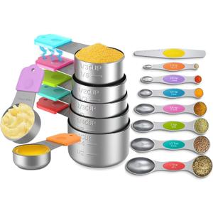 Magnetic Measuring Cups and Spoons Set, 7 Nesting Stainless Steel Measuring Cup Set with Easy to Read Markings, 7 Magnetic Measuring Spoons & 1 Leveler for Measuring Dry or Liquid Ingredients