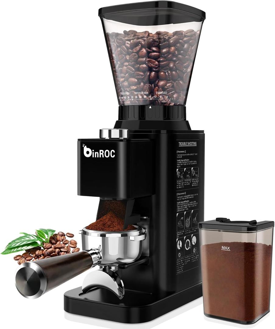 Conical Burr Espresso Coffee Grinder Electric, Coffee Bean Grinder for Home Use Upgraded 48 Grind Settings, 35s Precision Timer, AntiStatic for Pour Over/Drip/French Press, Stainless Steel Black