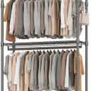 BATHWA Heavy Duty Garment Rack on Wheels, Rolling Clothes Racks for hanging clothes, Simple Sturdy Wardrobe Rack with Double Hanging Rods, 8 Side Hangers, Gray