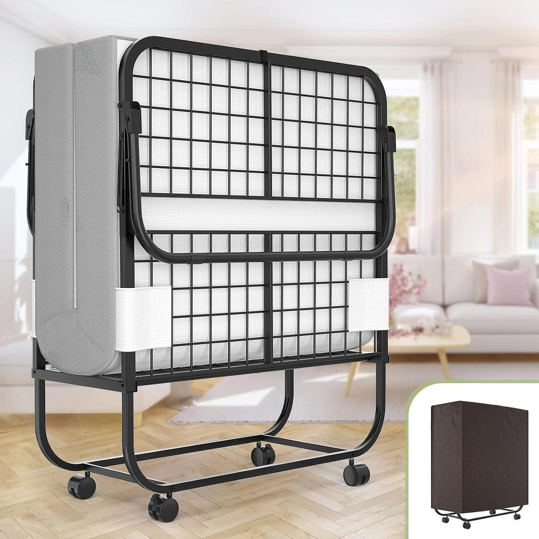 Unikito Folding Bed with Mattress for Adults, 75" x 31" Cot Size Portable Rollaway Guest Bed with Memory Foam Mattress and Metal Frame on Wheels, Space-Saving Folded Design, Storage Cover Included