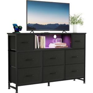 DUMOS LED Entertainment Center with Charging Station, TV Stand Dresser with 8 Fabric Drawers and Open Shelves, Wood Top Media Console for 45-55 inch, Bedroom, Black, 11.8"D x 47.2"W x 31.5"H