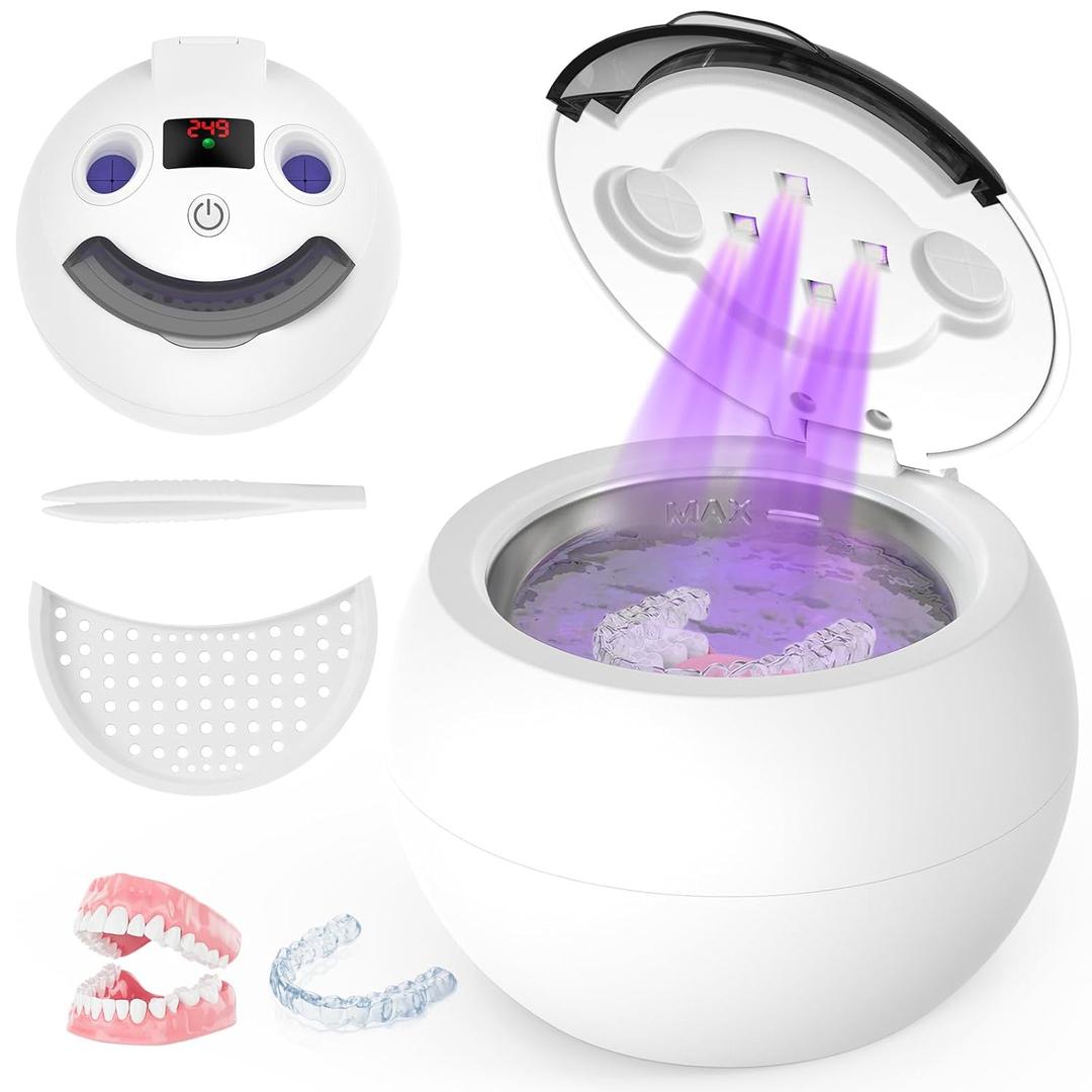 Dental Ultrasonic Retainer Cleaner - 48kHz Dental Cleaning Pod for Denture, Braces, Mouth Guard, Toothbrush Heads, Jewelry, 4 Modes Retainer Cleaner Machine with Digital Timer & 200ML (Ivory white)