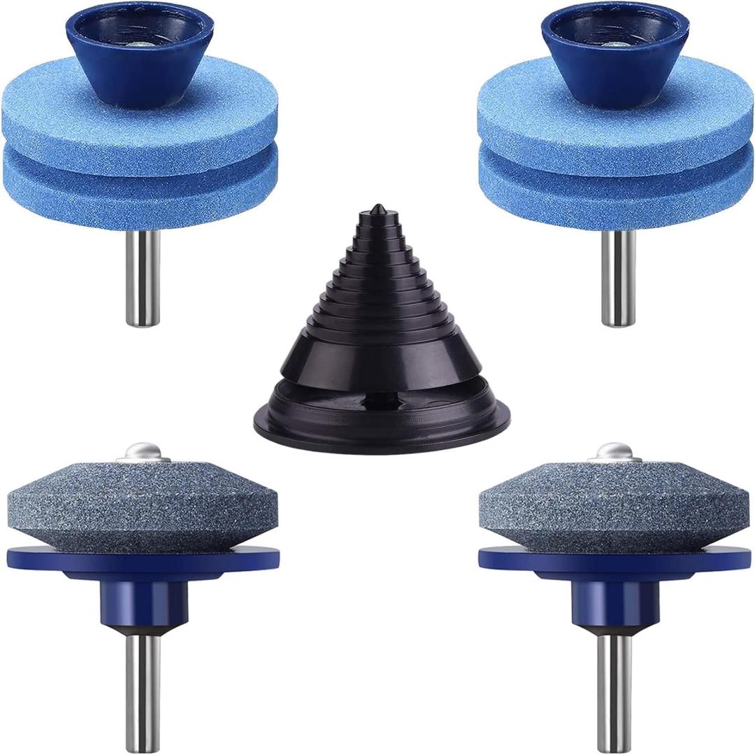 4PCS Lawn Mower Blade Sharpener, Double Layer Corundum Lawnmower Blade Sharpener, Universal Wear Resistant Mower Blade Sharpener for Any Power Drill/Hand Drill, Including Blade Balancer (Blue)