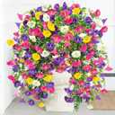 4PCS Artificial Hanging Flowers for Outdoors Summer Decoration, Fake Hanging Plants Faux Petunias with Eucalyptus, UV Resistant No Fade Plastic Realistic Silk Flowers for Porch Patio Balcony Indoor