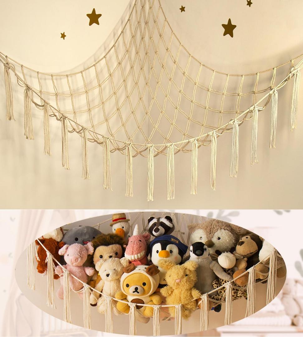Stuffed Animal Storage Hammock Net - Toy Hammock Net for Stuffed Animals Corner - Hanging Stuff Animal Organizer Holder Large Size Baby Nursery Room Decor (Beige)