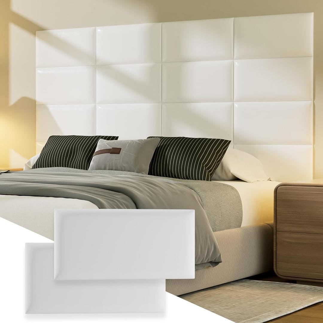 Upholstered Headboard Panels, 6 Panels Sized 7.8" x 15.7" Peel and Stick Padded Wall Panels for Kids, 3D Anti-Collision Wall Mounted Bed headboard for Full, White