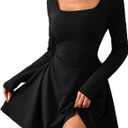 BNGD Women's Short Dress Long-Sleeve Square Neckline Waist-Defining Mini A-Line Dress Perfect for Cocktail Parties(Black,Medium)