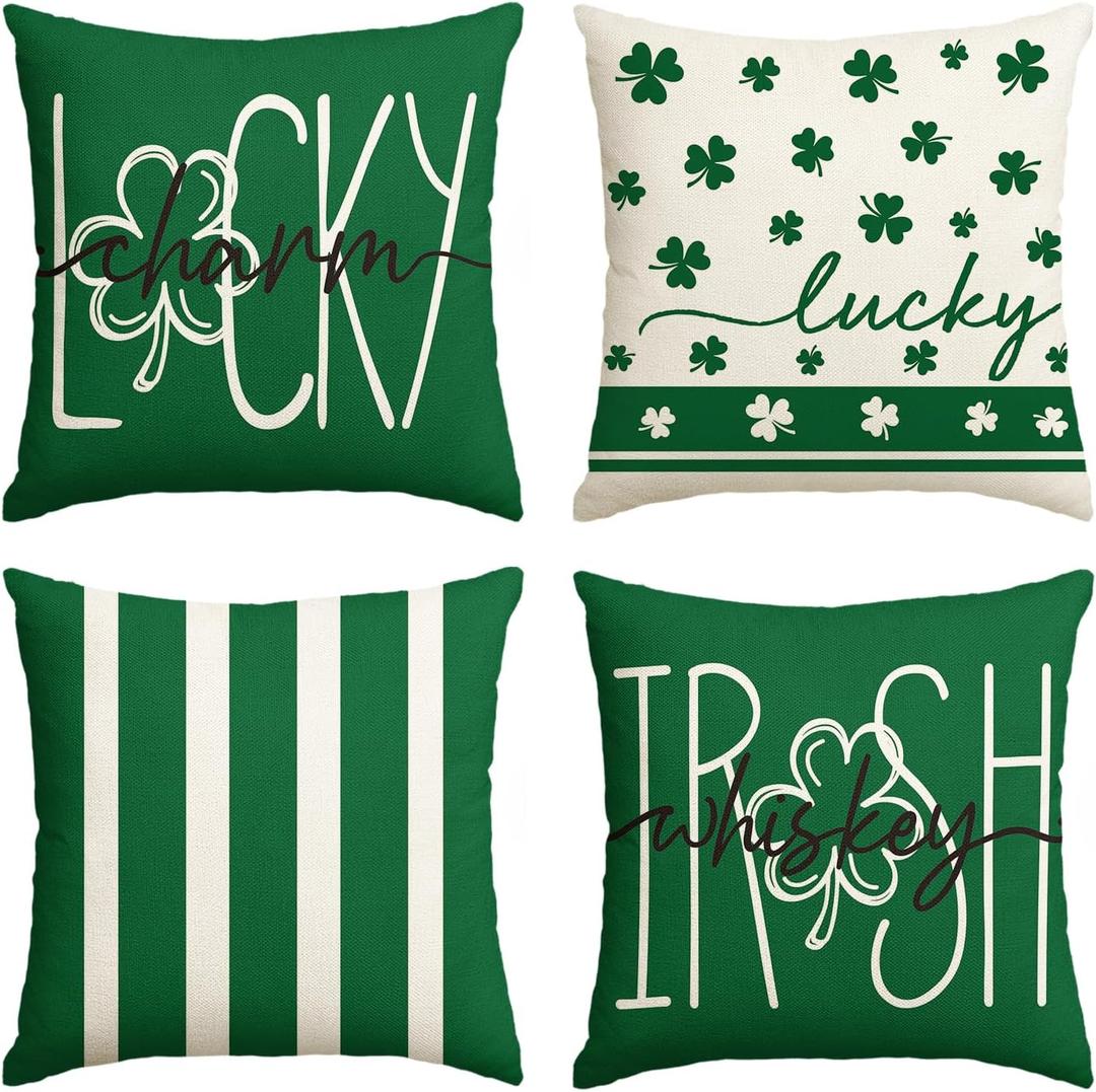 AVOIN colorlife ST Patrick's Day Lucky Charm Irish Whiskey Clover Stripes Throw Pillow Covers, 18 x 18 Inch Green Shamrocks Decoration for Sofa Couch Set of 4