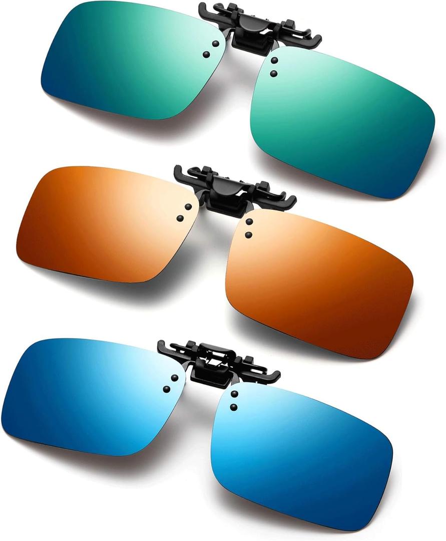 Polarized Clip-on Sunglasses 3 PACK Anti-Glare UV Protection Flip-up Sunglasses Over Prescription Glasses (Blue&Orange&Green)