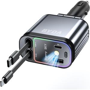 Fast Car Charger 4 in 1 Retractable Car Charger 69W with Starry Light,USB-C Fast Car Accessories,Compatible with All iPhones All Android Phones (GreyLightning+USB-C & PurpleLight)