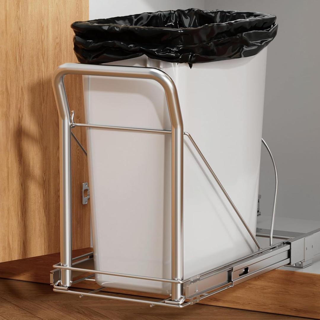 Pull Out Trash Can Under Cabinet with Soft Close SlidesHeavy Duty Under Counter Garbage Cans for Kitchen, Requires 13" W X 18" D Minimum CabinetsChromeWaste Bin Not Included