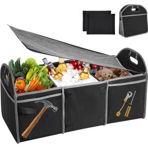 Car Trunk Organizer with Lid, Foldable Cars Storage with Cooler Bag, Collapsible Waterproof 600D Oxford Polyester Trunk Organizer Car Accessories for Suv Jeep Sedan (3 Compartments, Black)