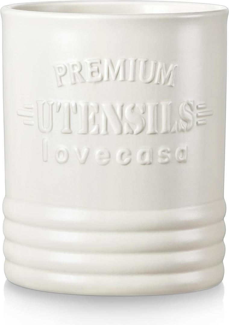 LOVECASA Vintage Utensil Holder for Kitchen Countertop, 7.2 Large Ceramic Utensil Crock for Home Dcor, Farmhouse Utensil Vase for Housewarming, Wedding, Birthday Gift - Cream White