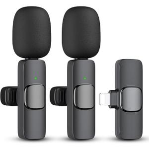 2 Pack Wireless Lavalier Microphone for iPhone iPad, Lapel Mics Plug-Play 2.4G Ultra-Low Delay Built-in Noise Reduction Chip for Video Recording Interview Podcast Vlog YouTube