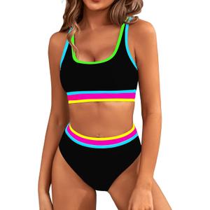 BMJL Women's High Waisted Bikini Sets Sporty Two Piece Swimsuits Color Block Cheeky High Cut Bathing Suits (Medium, Rainbow Black Pink011)