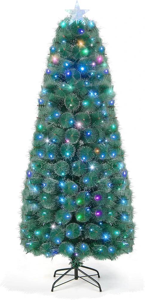 Goplus 7ft Pre-Lit Fiber Optic Christmas Tree, Artificial Christmas Tree with 226 Multi-Color LED Lights, Mixed Leaves, Snowy Pine Needles, Top Star Light, Xmas Holiday Decor for Office, Home Goplus 7ft Pre-Lit Fiber Optic Christmas Tree, Artificial Christmas Tree with 226 Multi-Color LED Lights, Mixed Leaves, Snowy Pine Needles, Top Star Light, Xmas Holiday Decor for Office, Home