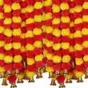 Marubhumi 5-PC Artificial Marigold Flower Garland 4.5 Feet Long Strands with Bells | Yellow & Red | Diwali, Wedding, Home & Christmas Decor