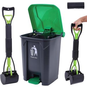 Pooper Scooper 2 Pack with 20 Litre Step Dog Poop Trash Can, 28" Long Handle Dog Poop Scoopers for Large Small Dogs Heavy Duty, Removable Inner Bucket for Outdoors, 50 Waste Bags Included (Green)