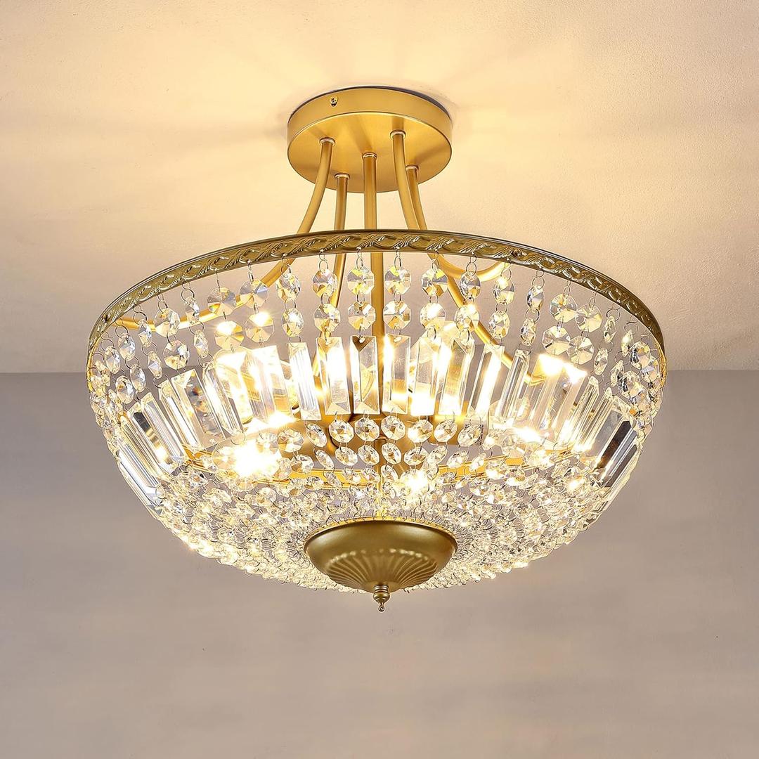 WINGBO 19.5 Inch Crystal Ceiling Light Fixture, 5-Light Raindrop Semi Flush Mount Chandelier, Modern Round Close to Ceiling Hanging Light for Living Room Dining Room Bedroom Hallway, Gold