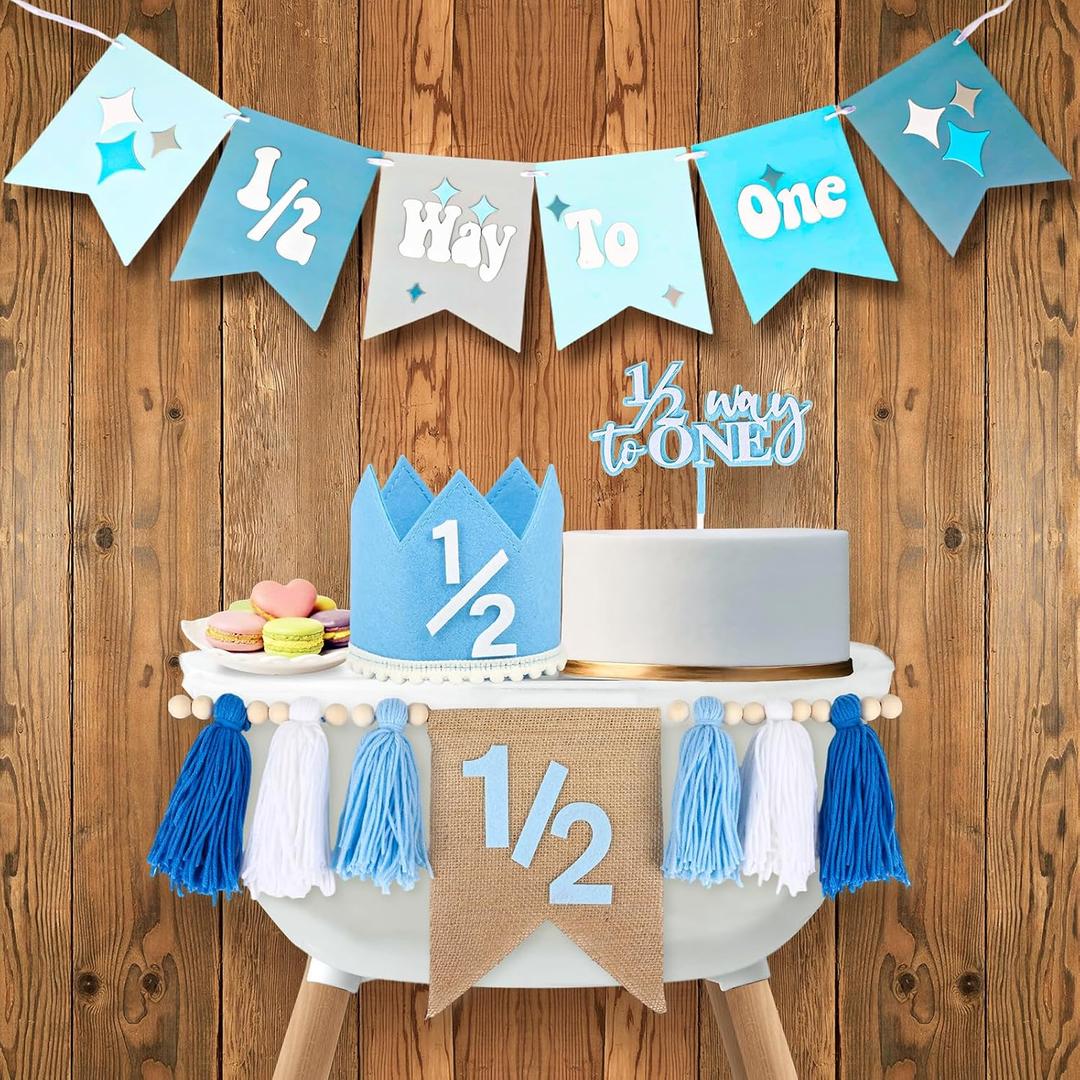 1/2 Birthday Boy Half Birthday Decorations 4PCS Blue 6 Month Party Set with 1/2 Way to One Banner, Halfway High Chair Banner, Cake Topper and Hat for 6 Month Baby Boy Photo Shoot Decor