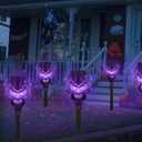 Solar Halloween Decorations Outdoor, 8 Pack Spooky Skulls Solar Torch Flame Lights, Waterproof Pathway Halloween Lights for Garden, Yard, Lawn, Porch, Landscape Decor, Purple