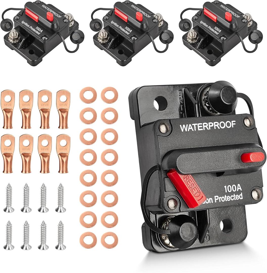 RED WOLF 4 Pack 100Amp Circuit Breaker Manual Reset Switch w/6 AWG 1/4 Battery Wire Lug Ring Terminal for Car Stereo Solar Power Systems Automotive ATV Marine Boat Trolling Motor Waterproof 12-48V DC