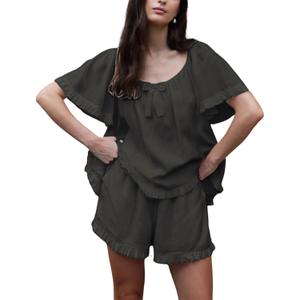 Esmeling Women Summer 2 Piece Pajamas Ruffled Short Sleeve Tops and Shorts Cute Bow Front Pajama Sets (Black, M) Esmeling Women Summer 2 Piece Pajamas Ruffled Short Sleeve Tops and Shorts Cute Bow Front Pajama Sets (Black, M)