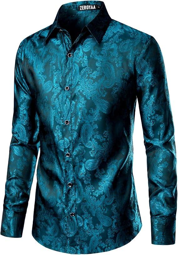 ZEROYAA Men's Paisley Jacquard Slim Fit Long Sleeve Button Up Dress Shirt for Party Prom ZLCL28Turquoise XLarge