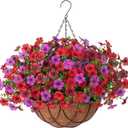 Artificial Silk Flowers Hanging Baskets Outdoors Indoors, Daisy with Eucalyptus Leaves Arrangement for Garden Yard Spring Summer Decor Faux Green Plant Metal Coconut Lining (Red Purple Red Brown)