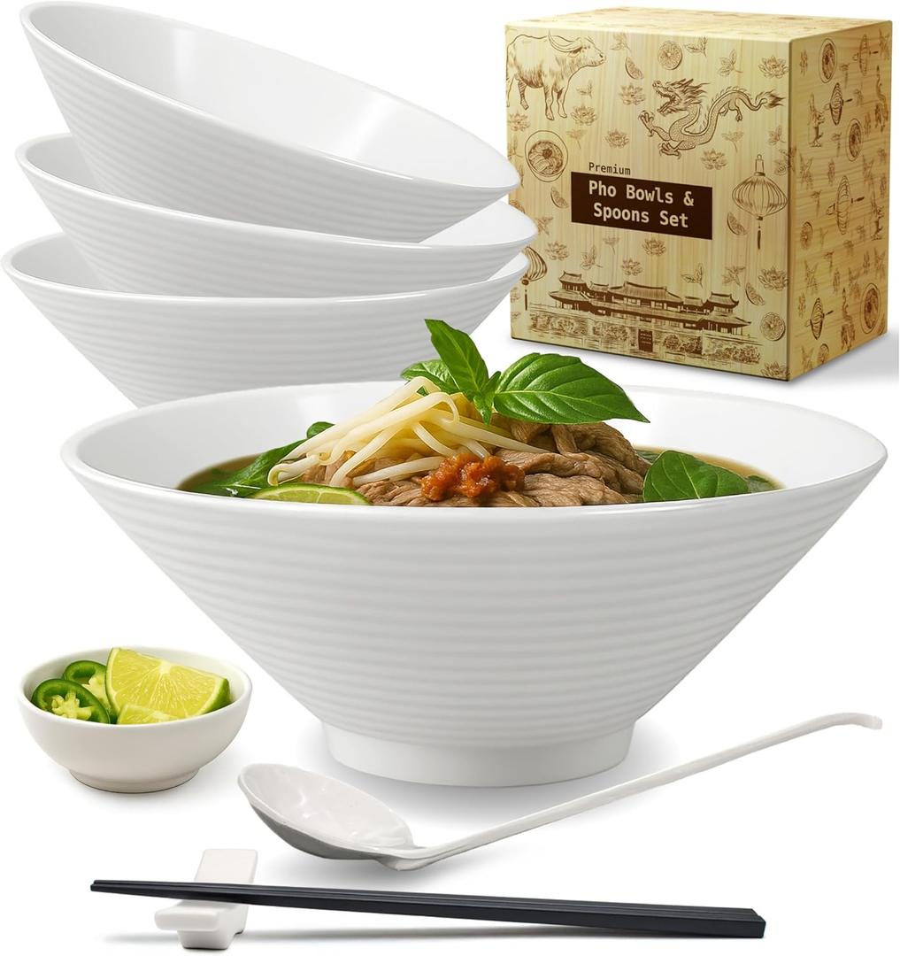 Pho Bowl Large 57oz XL Bowl Set with Pho Spoon Chopstick Stand Sauce Dish White Noodle Bowl Large Soup Bowls for Pho Asian Durable APEX S.K. Plastic Pho Bowls and Spoons Set Authentic Vietnamese Style