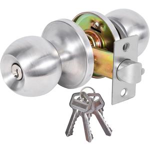 High-Security Stainless Steel Round Ball Door Handle with Lock & Key, Door knob for Front Door, Bedroom, and Interior, Easy Installation(Silver)