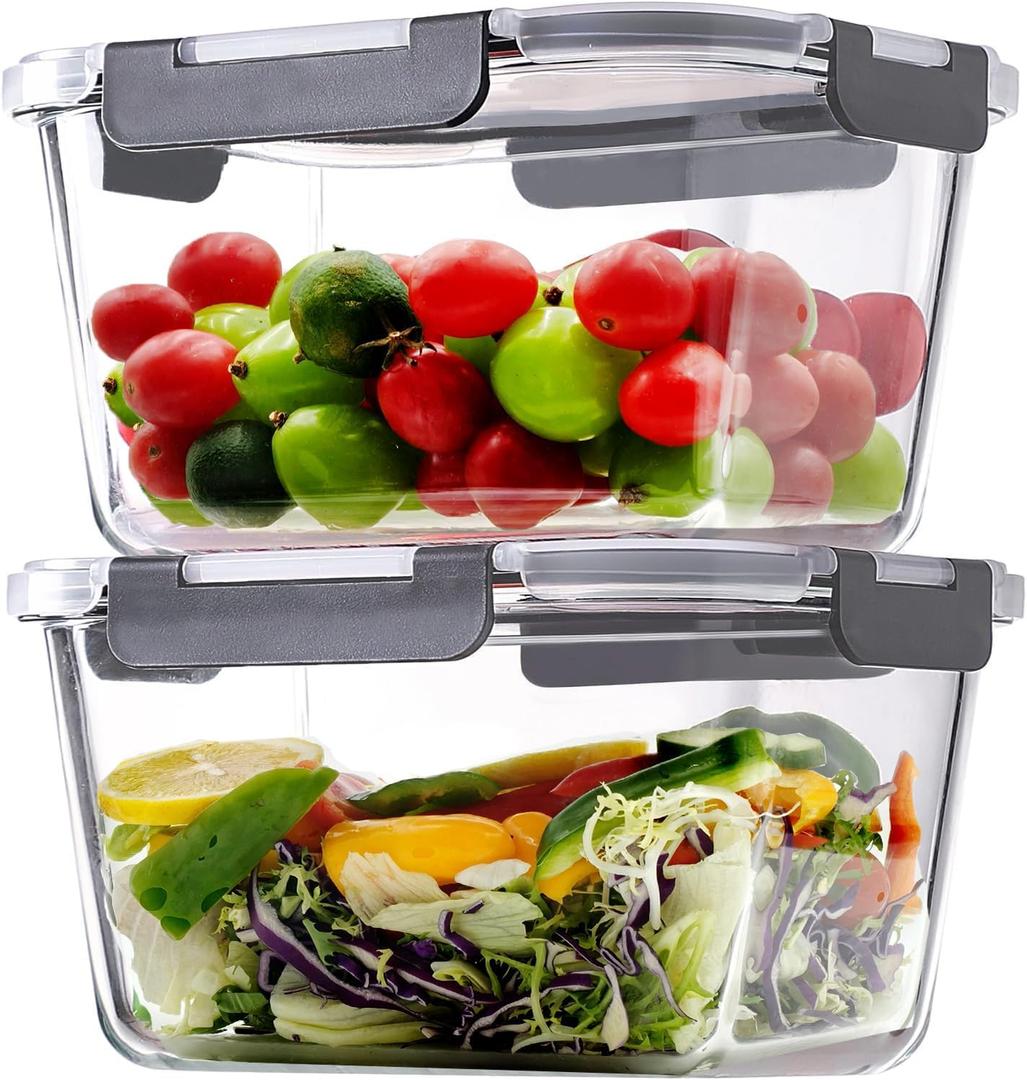 2 Pack Large Glass Storage Containers with Lids 85oz/10.5cup Big Airtight Glass Food Storage Containers for Rotisserie Chicken Watermelon Meal Prep, BPA Free, Freezer Dishwasher Oven Safe, Gray