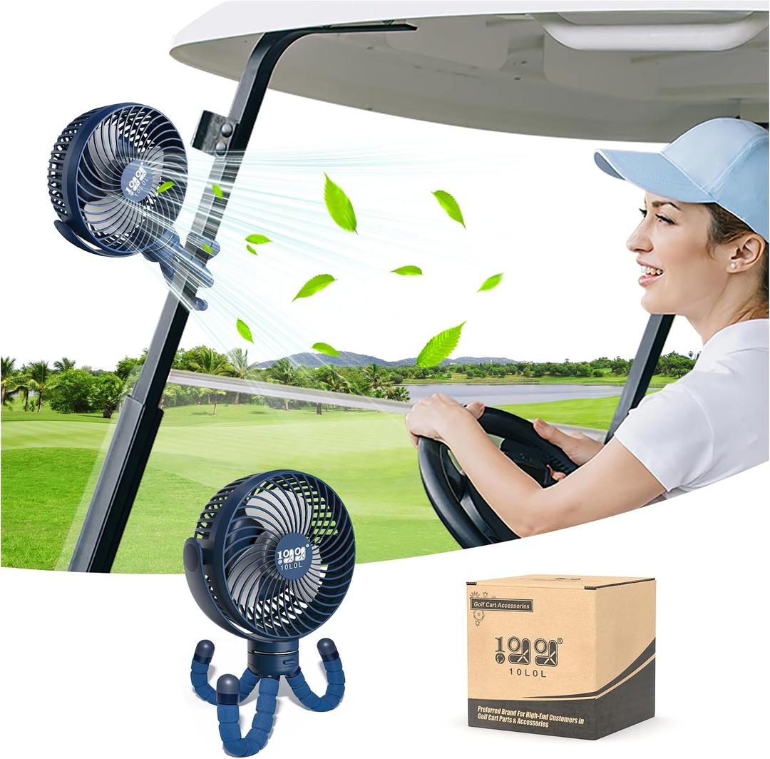 10L0L Universal Golf Cart Fan Fits Yamaha/EZGO/Club Car, Octopus Shape 360°Degree Rotational Fan, 3 Speed Adjustment, Support for Reverse Charging and Emergency Lighting-Blue