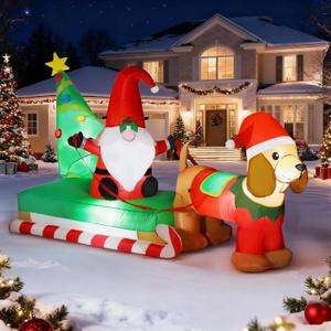 BLOOMWIN 8ft Long Gnome on Sleigh Christmas Inflatable Outdoor Decorations with Dachshund Weiner Dog Blow Up Yard Decor Built-in LED Lights