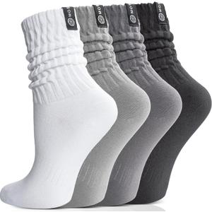 Scrunch Cotton Socks, Slouch Calf Thin Breathable Soft Socks for Women and Men, 4 Pairs (Large, Gray Mixed)