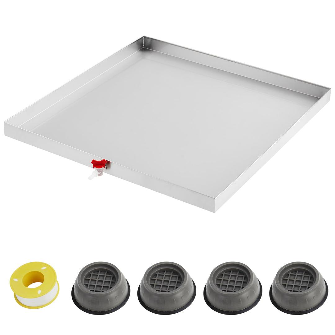 27" x 25" Washing Machine Drain Pan with Drain Hole & Hose Adapter, 304 Stainless Steel Heavy Duty Washer Drip Tray with 4 Anti-Vibration Feet for Compact Washers