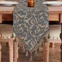 Loom and Mill Elegant Damask Table Runner 90 inches Long, Classic Acanthus Chenille Jacquard Table Runners with Tassels for Dining Room Dresser Party Banquet Decoration (Blue-Grey+Khaki,13x90 inch)