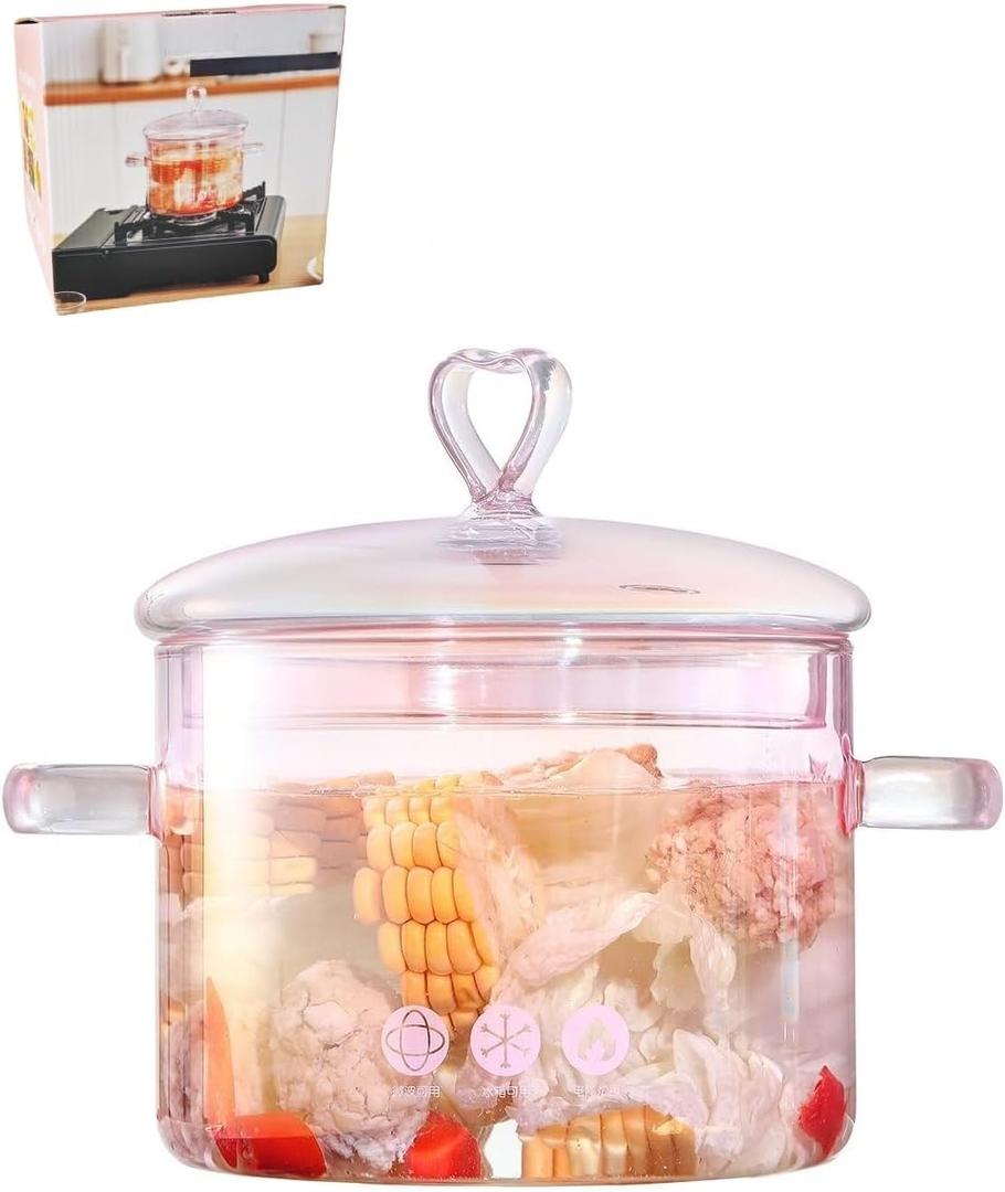 2L Pink Glass Simmer Pot, 2000ml/2.2Qt/68oz, Glass Pots for Cooking on Stove,Heart-shaped Lid,Heat Resistant,Oven Gas Electric Stove Dishwasher Safe for Potpourri Pasta Soups