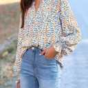 MASCOMODA Womens V Neck Floral Long Sleeve Tops 2025 Summer Casual Loose Puff Sleeve Chiffon Boho Work Blouse Dressy T Shirts (XL)
