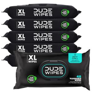DUDE Wipes Mint Chill Flushable Wipes - Extra-Large Adult Wet Wipes - 6 Pack (288 Count) - Infused with Tea Tree Oil, Vitamin E, and Aloe - Septic and Sewer Safe