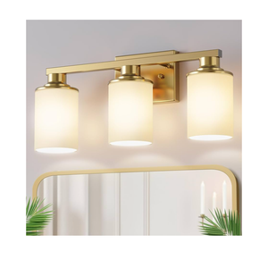 17 Inch Bathroom Light Fixtures, 3-Light Brass Bathroom Lighting Fixtures Over Mirror with Milk Glass Shade, Vanity Lights for Living Room Bedroom
